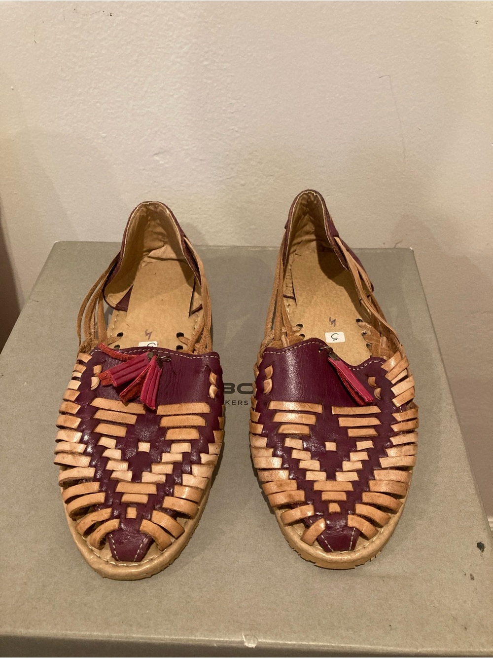 Women’s Leather Huarache Slip-Ons in Burgundy and Tan